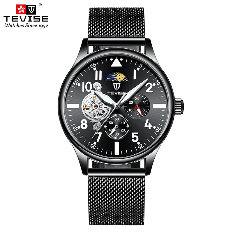 Montre Homme 2024 TEVISE Mens Watch Moon Phase Luminous Hands Waterproof Mesh Steel Automatic Mechanical Wristwatches Dropship