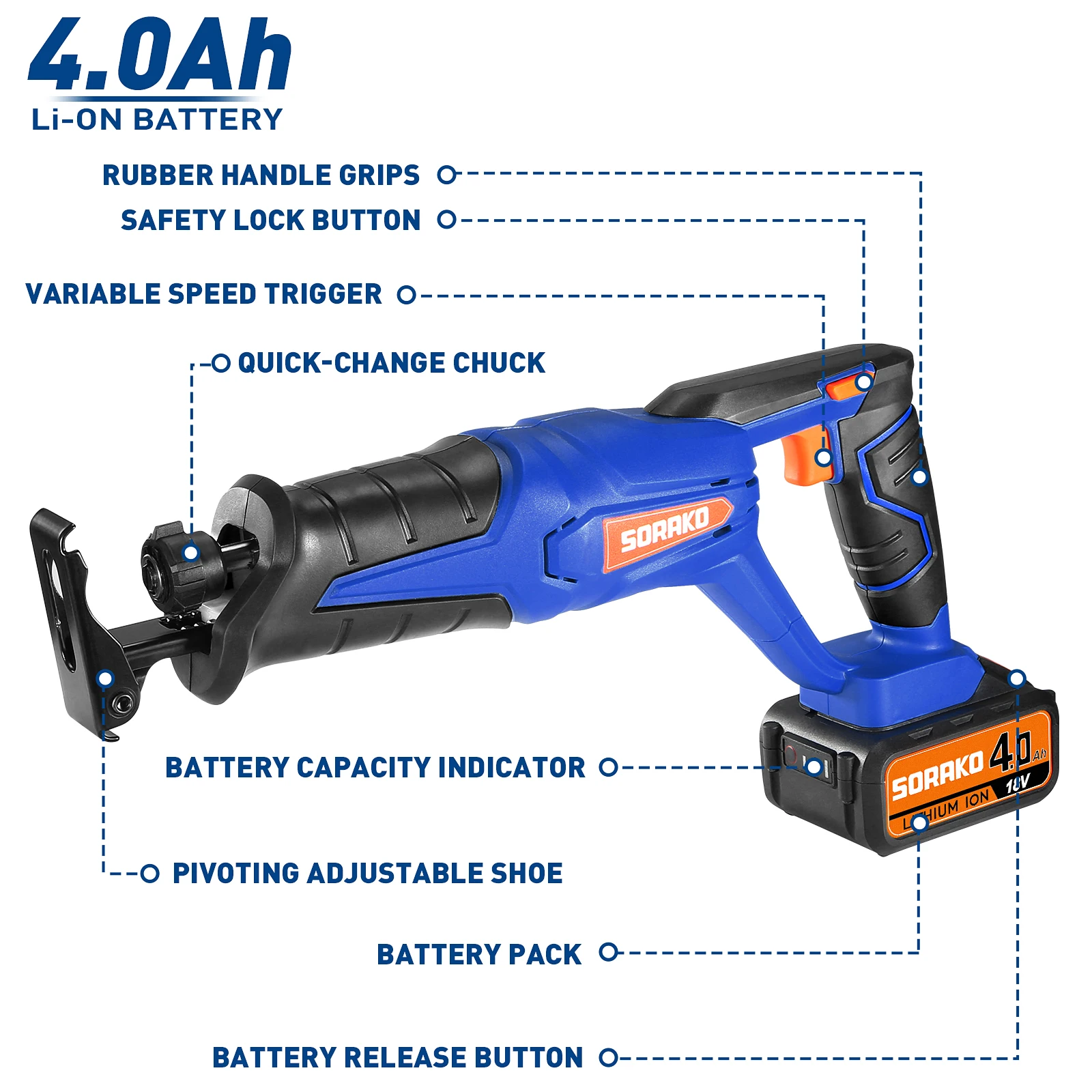 SORAKO 18V 3000SPM 무선 전기 왕복 톱 가변 속도 금속 목재 절단 도구 전기 톱