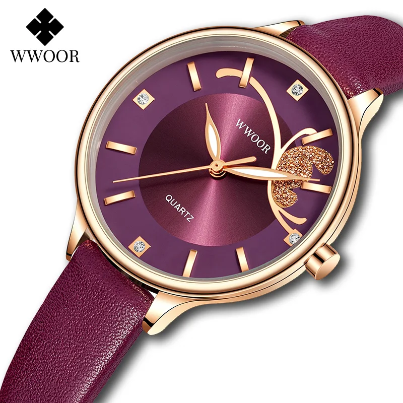 WWOOR New Womens Fashion Purple Watch Top Brand Luxury Leather Small Watch For Ladies Dress Wrist Watches Clock Relogio Feminino