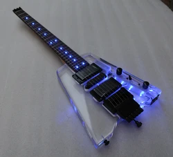 good quality headless portable travel acrylic mini electric guitar with blue light