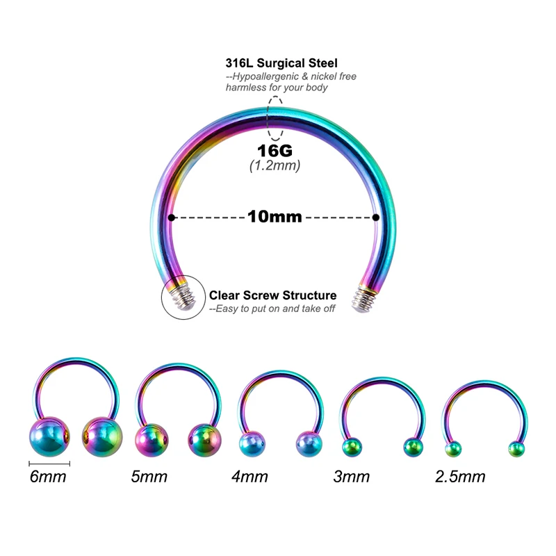 5PCS 2.5-6mm Ball Surgical Steel Horseshoe Nose Septum Rings Cartilage Helix Tragus Earring Hoop Lip Horseshoe Piercing Retainer