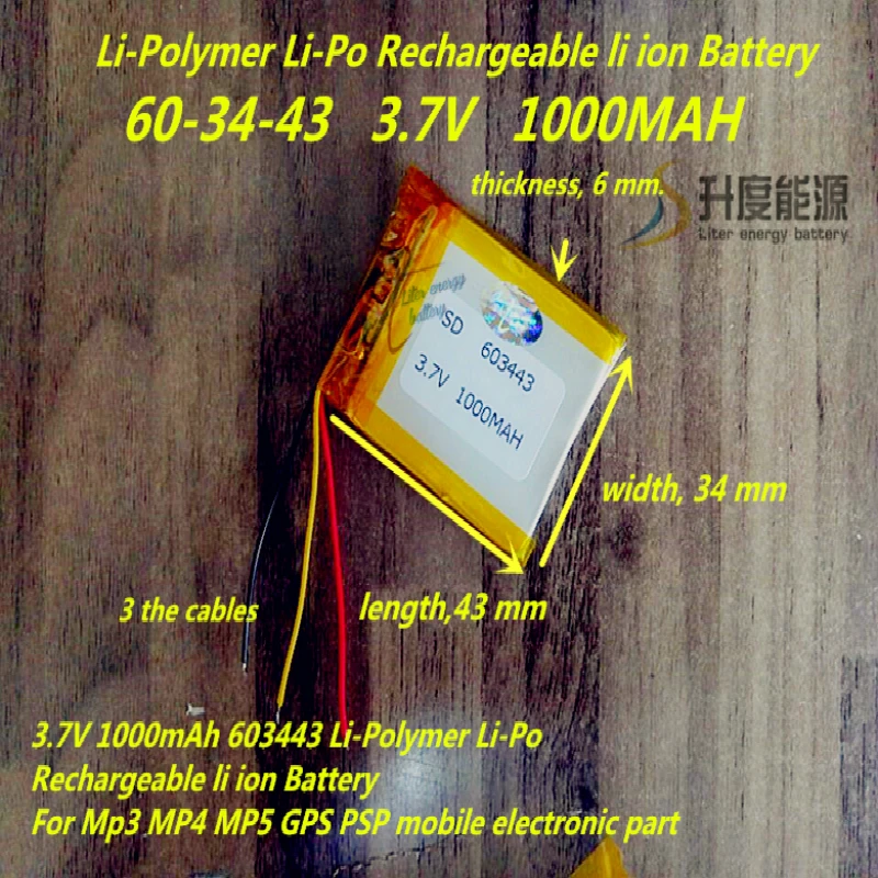 3.7V 1000mAh 603443 tablet battery Rechargeable Battery For Mp3 MP4 MP5 GPS mobile electronic part