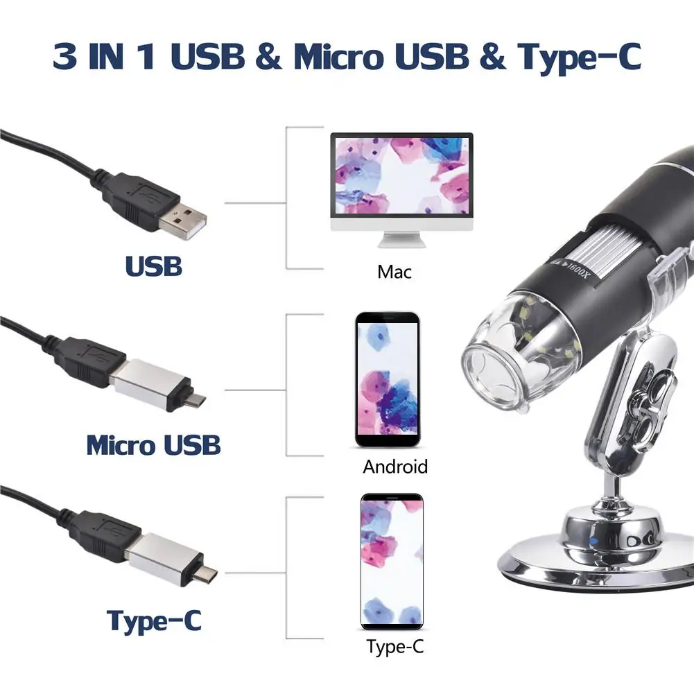Mega pixel 1600X 8 LED microscopio digitale Type-C/Micro phone USB per PC lente d'ingrandimento elettronico Stereo USB endoscopio C