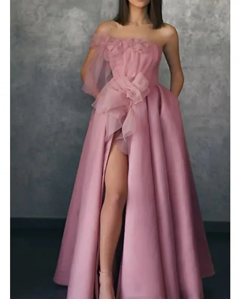 Robe De Soirée longue en Satin rose, asymétrique épaule dénudée, devant fendu, Organza, Robe De bal, Robe De Soirée