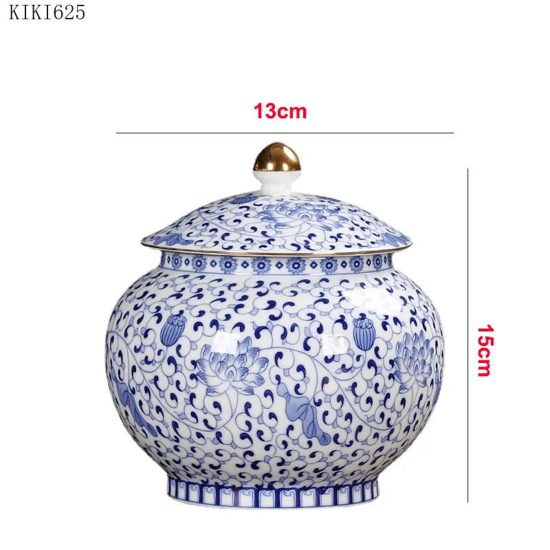 Antique Blue and White Porcelain Storage Jar Lid Gold-plated Storage Container Household Large-capacity Sealed Ceramic Tea Caddy