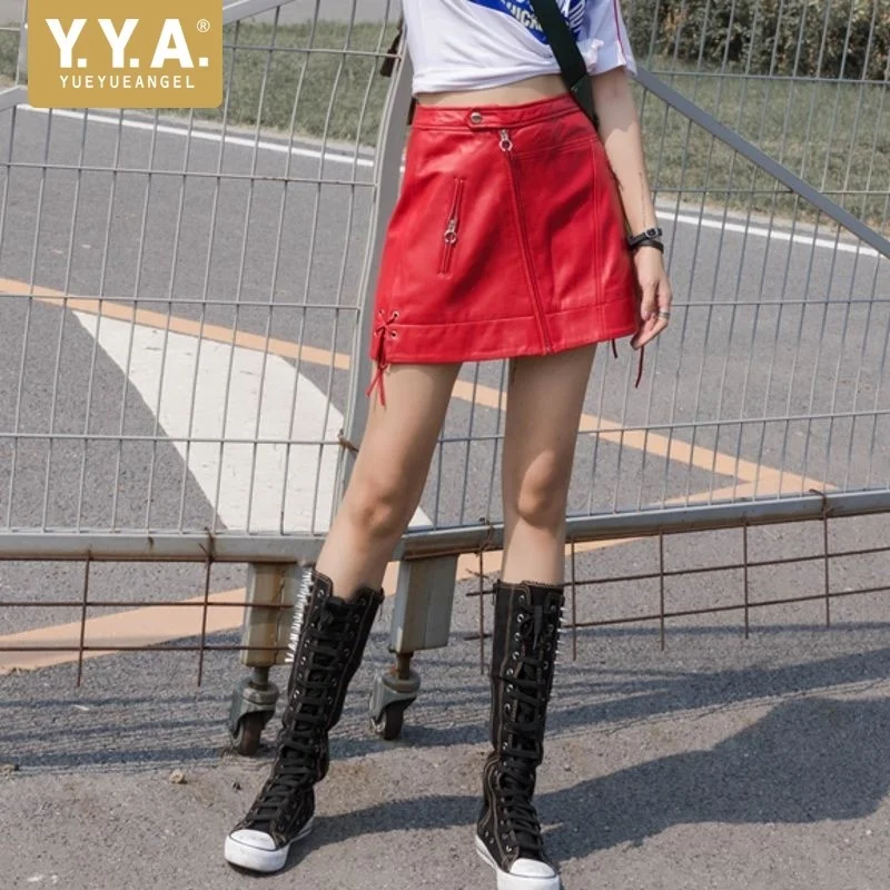 Fashion New Womens High Street Genuine Leather Sheepskin Lace Up Zipper A-Line Natural Waist Above Knee Skirts Female Falda