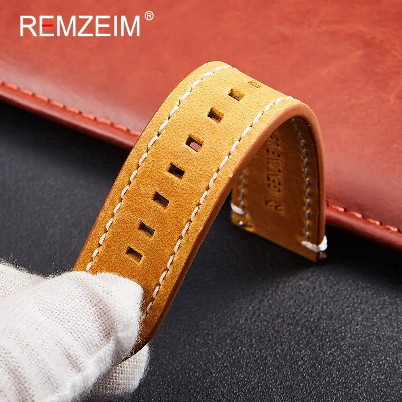 REMZEIM Genuine Leather Watchbands Bracelet Black Blue Gray Brown Cowhide Watch Strap Women Men 18mm 20mm 22mm 24mm Wrist Band