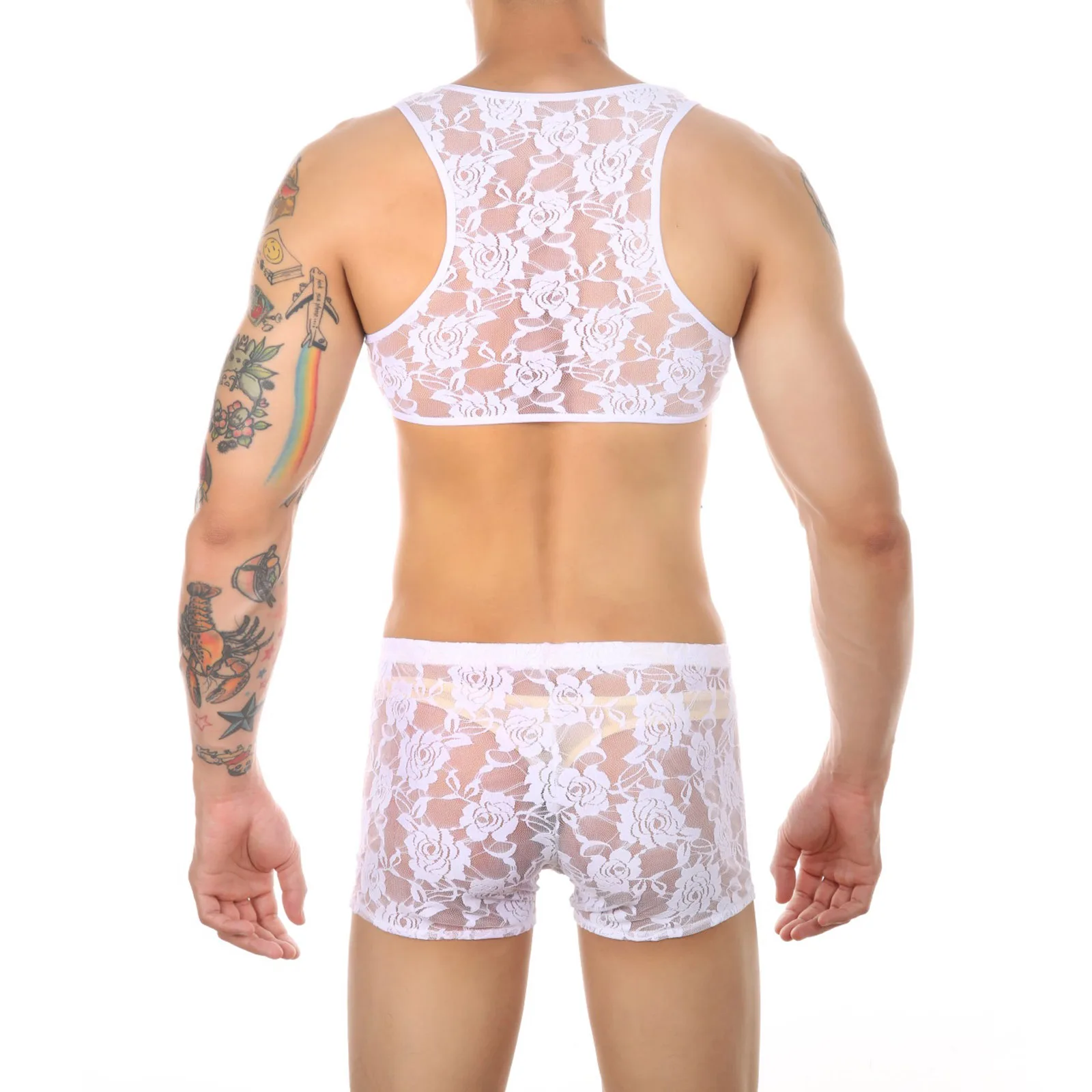 CLEVER-MENMODE Atasan Crop Bahu Pria Rompi Renda Set Boxer Dada Seksi Pria Atasan Transparan Celana Pendek Lingerie Kostum Erotis