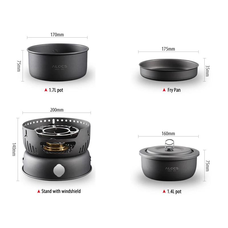 ALOCS CW-C05 Set of 10 Pieces Outdoor Camping Cooking Set Utensil Alcohol Stove Spirit Burner Cooker Pot Frying Pan Windshield