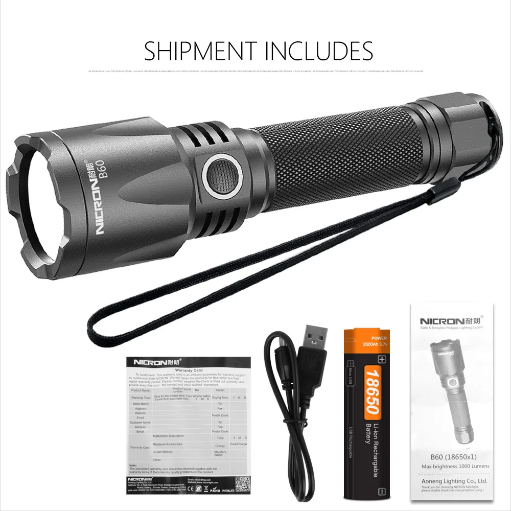 NICRON B60 LED Tactical Flashlight Super Bright 1000 Lumens USB Rechargeable IPX8 Waterproof 6 Modes Torch Light Outdoor