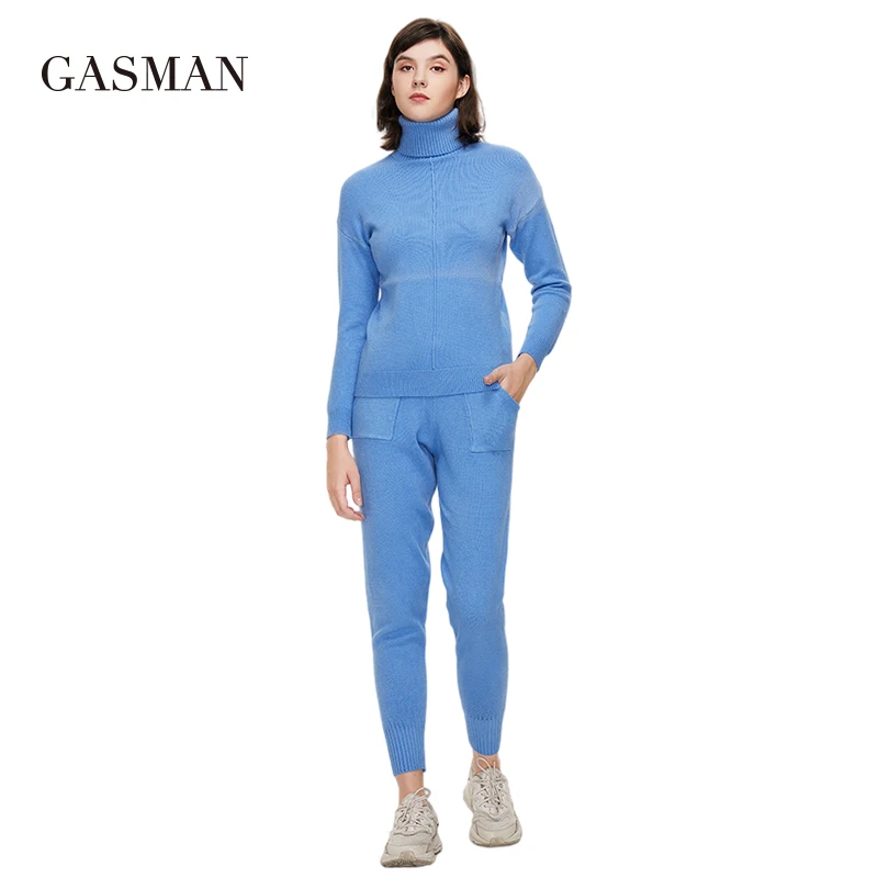 GASMAN 2022ชุดฤดูใบไม้ร่วงเสื้อคอเต่าถักกางเกง Blue Warm 2ชิ้นชุดสำหรับแฟชั่นผู้หญิง Tracksuit GT005-1