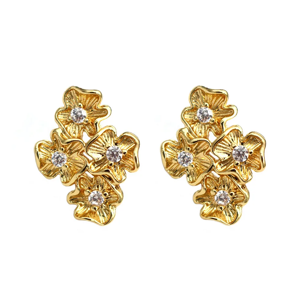 6pair Gold Plated Cubic Zirconia Earrings Post 4 Flowers 925 Sterling Silver Stud Pins Linkers for Women Bridal Earring
