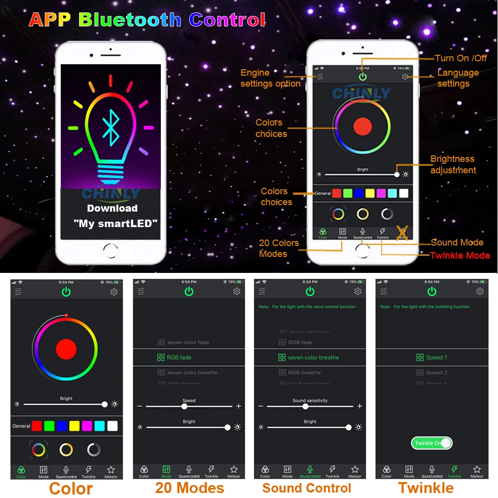 Imagem -04 - Luz de Led de Fibra Ótica de Velocidades 32w Rgbw Luz App Bluetooth Música Controle Remoto rf Metros 835 Fios Cabo de Tamanho Misto Teto de Estrela