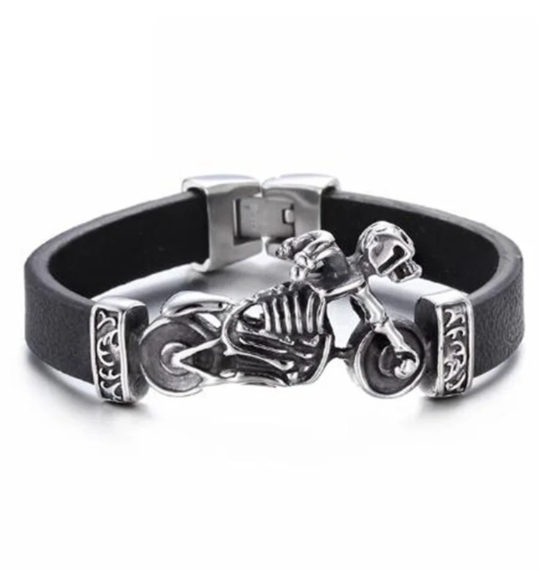 Fashionable Personality Men\'s Motorcycle and Skull Charm Bracelet Rock Punk Durable Leather Bracelet Cool Gift