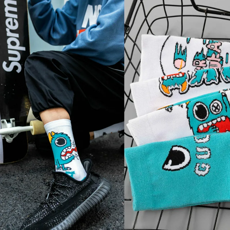 Fashion Harajuku Men\'s Socks Funny Cartoon Monster Socks Korean Style Creative Design Street Fashion Hip-hop Skateboard Socks