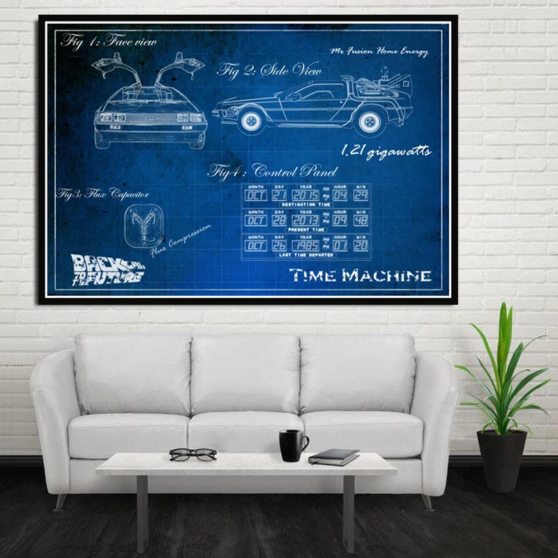 

Back To The Future Blueprint Racing Car Chart Movie Poster Prints Oil Painting Canvas Wall Art Pictures Living Room Home Decor