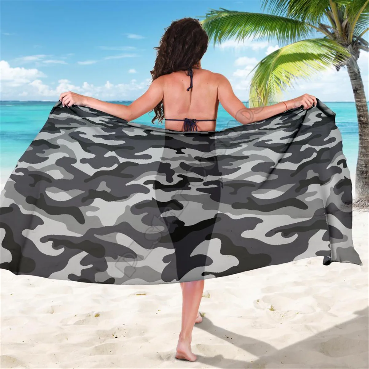 

Gray Camouflage Sarong 3D printed Towel Summer Seaside resort Casual Bohemian style Beach Towel