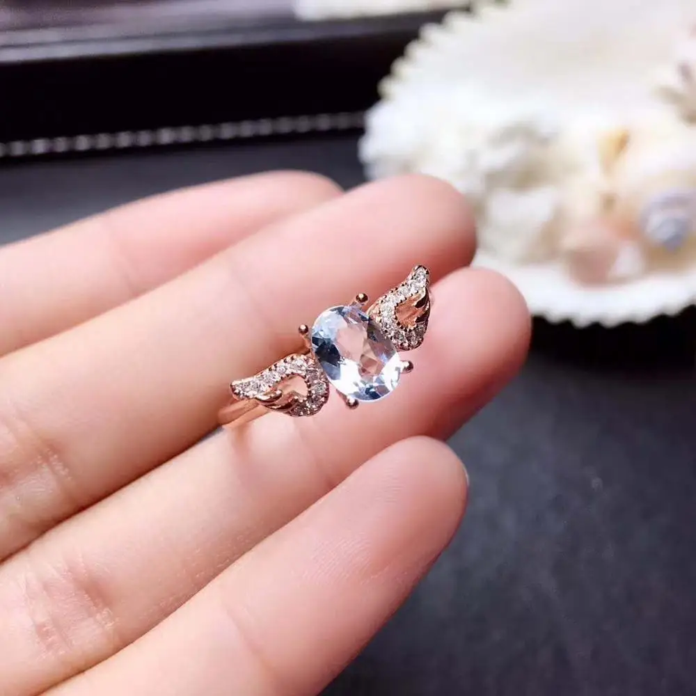 

FS 5*7 Natural Aquamarine Gemstone Wing Ring S925 Sterling Silver Fine Fashion Charm Weddings Jewelry for Women MeiBaPJ