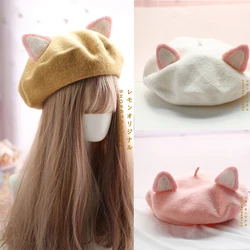 Women's beret hat handmade DIY cat ears light printmaker hat autumn and winter woolen hat Lolita cute hat