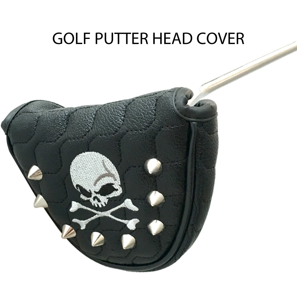 1Pcs Golf Pusher Sleeve PU Leather Golf Putter Cover Universal Magnetic Closure, Rivet, Skull Embroidery