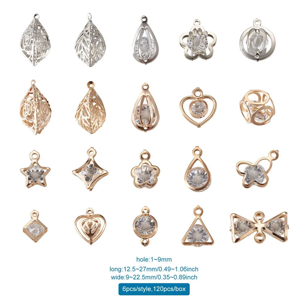 120pcs/box Iron Pendants & Links with  Rhinestone inside for Jewelry Making DIY Mixed Shapes Mixed Color