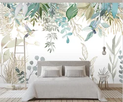 Custom mural wallpaper Nordic hand-painted tropical plants leaves flowers and birds bedroom interior background 3d wallpaper
