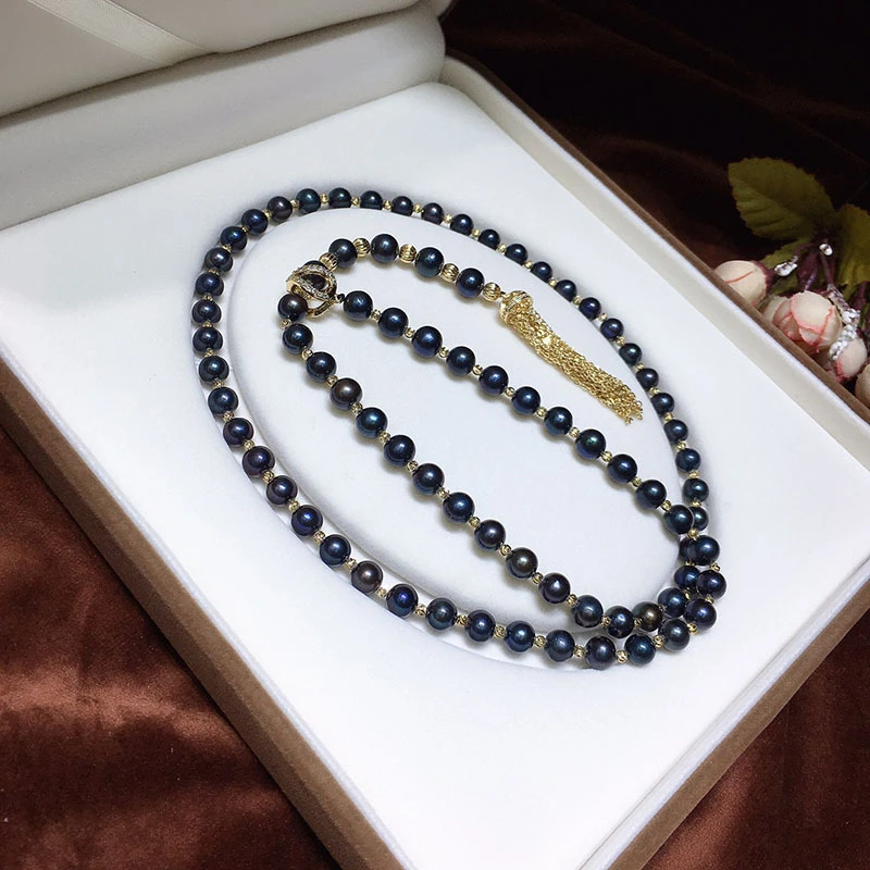 HABITOO Black 10-11mm Cultured Freshwater Pearl Tassel Necklace Waist Chain Vintage Statement Jewelry for Women Charming Gifts