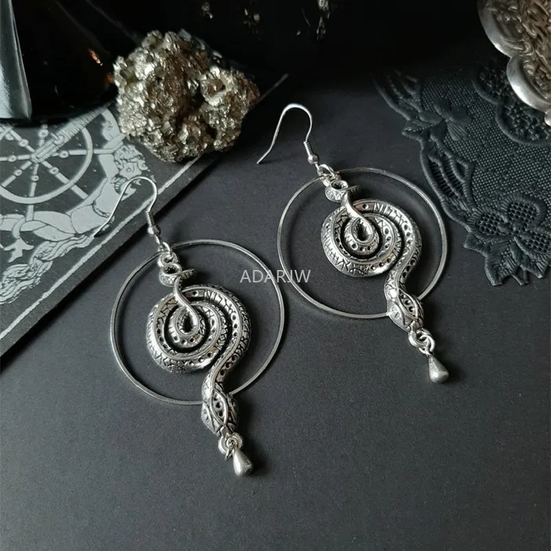 Silver Colour Snake Hoop Dangle Earrings Drop Serpent Witch Pagan Alternative Statement Punk Crappy Jewelry Women Fashion Gift