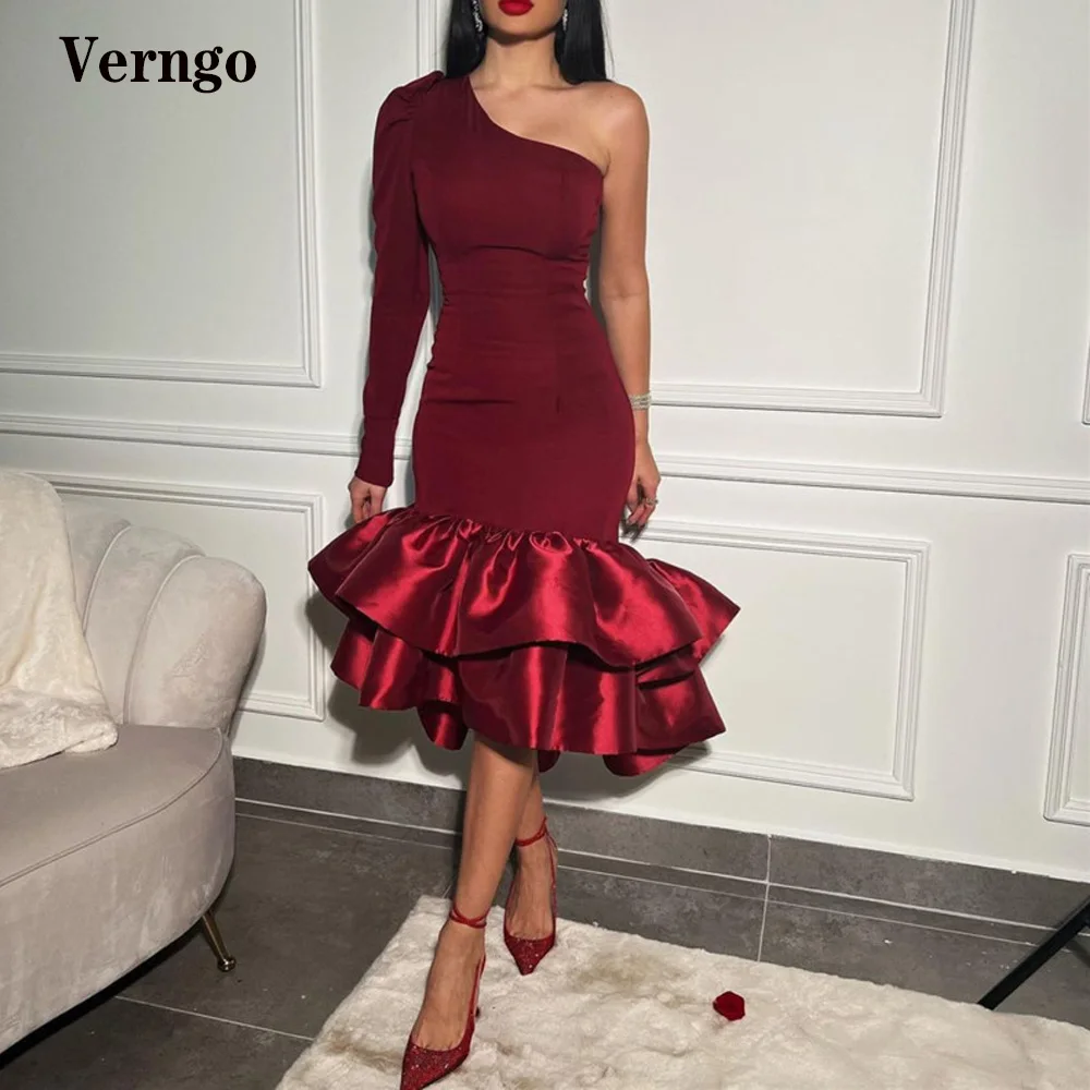 

Verngo 2022 Dark Burgundy Strecth Satin Mermaid Prom Dresses Knee Length One Long Sleeve Tiered Skirt Women Party Evening Dress