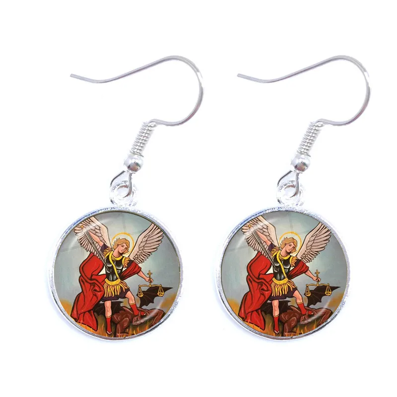 16mm Glass Cabochon Earrings Archangel St.Michael Protect Me Saint Shield Protection Charm Russian Orhodox Drop Earrings Jewelry