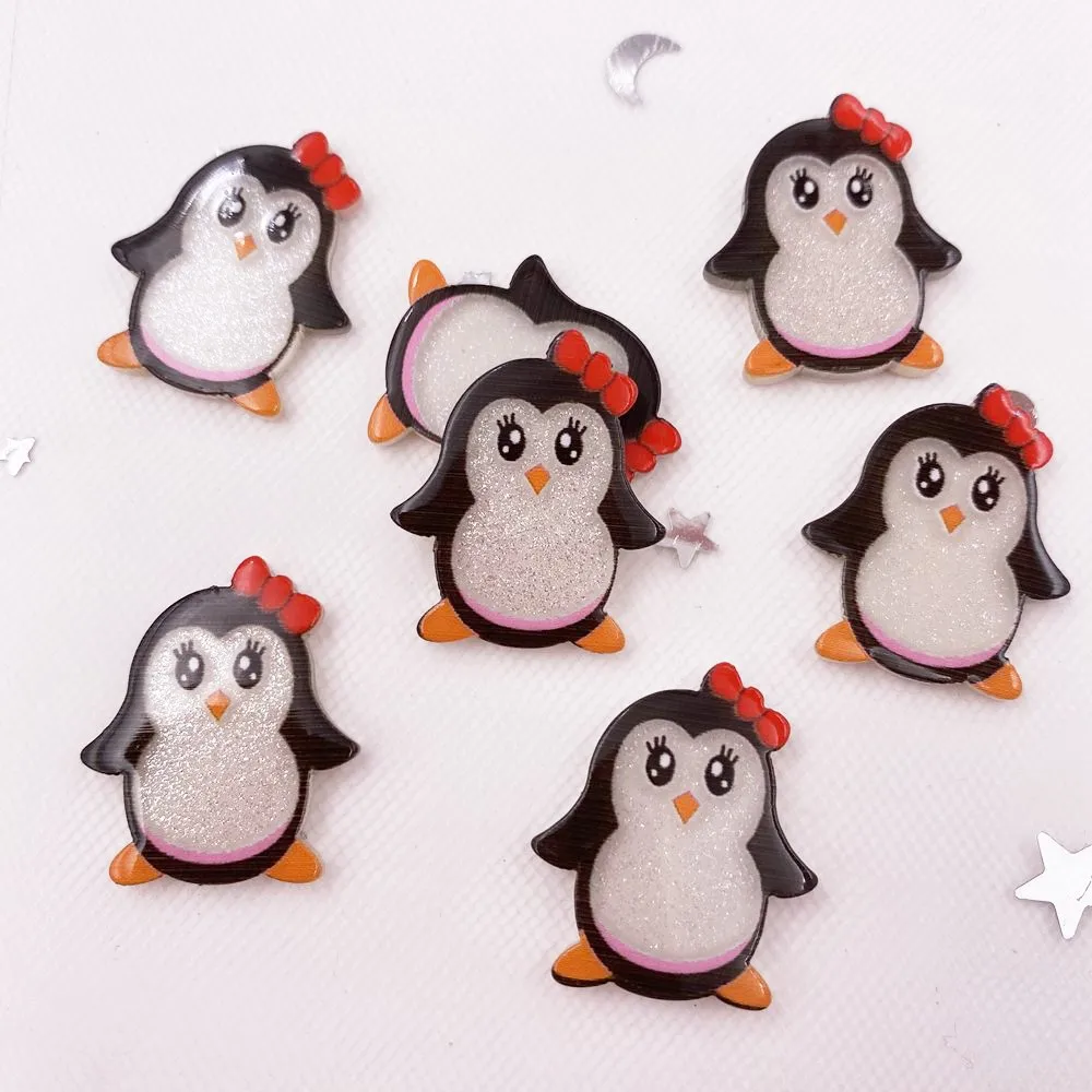 Glitter Kawaii Colorful Cute Penguin Sister Flatback Acrylic Sheet Miniature Pattern Applique DIY Decor Embellishments Craft