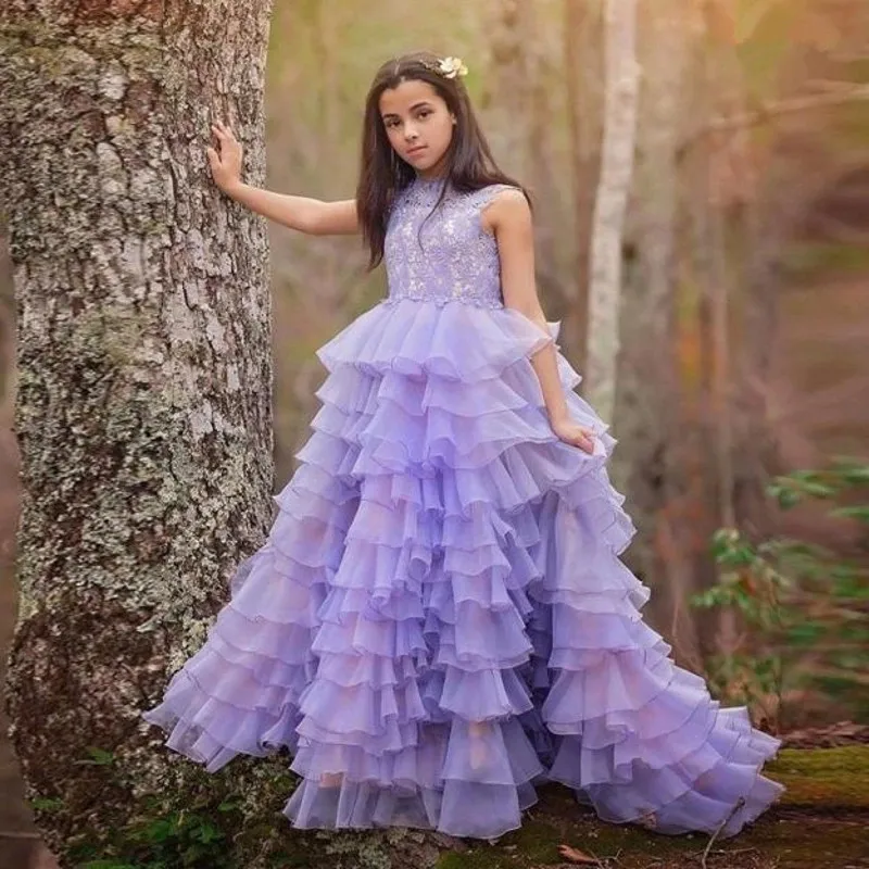 Crianças vestido da menina de flor para o casamento lavanda meninas pageant vestido de princesa com renda sem mangas criança em camadas vestido de aniversário