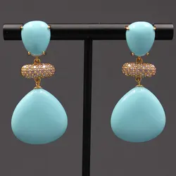 GG Blue Turquoises Triangle Water Shape Dangle CZ Beads Wedding Studs Earrings Handmade For Lady