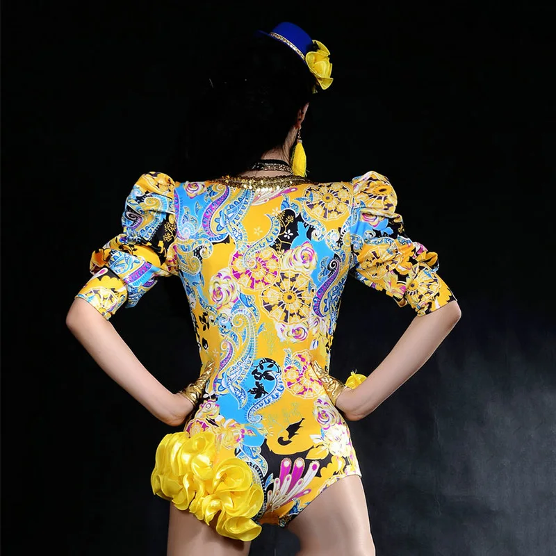 Jazz Dance Costumes Yellow Fashion Print Bodysuit Pole Dancing Clothes Nightclub Dj Female Hip Hop Outfit Rave Stage Wear DT1083