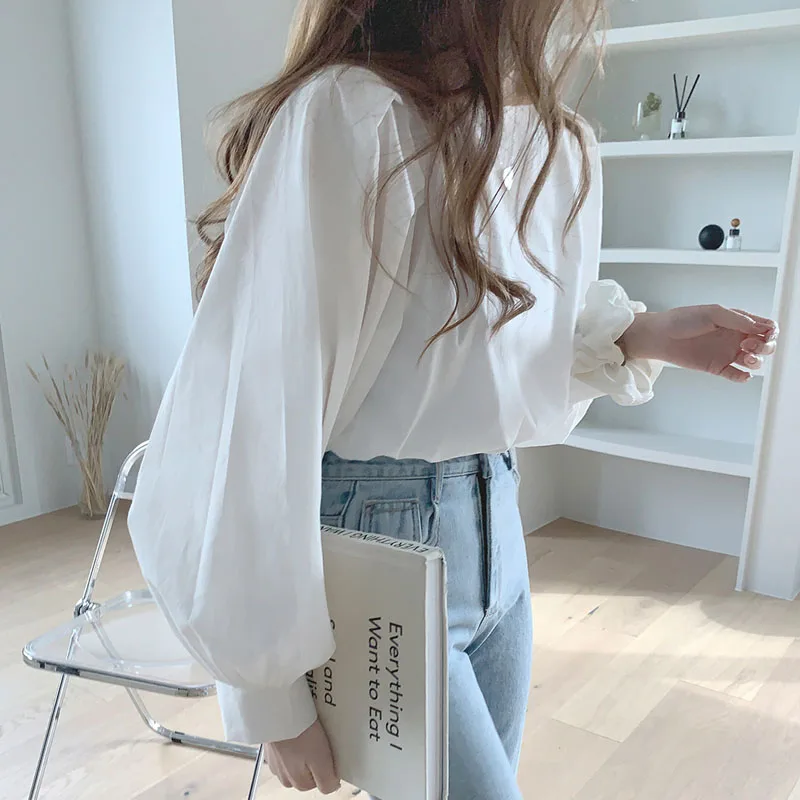 2021 Korean Quadrat Kragen Frauen Blusen Langarm Vintage Lose Shirts Für Frauen Weiß Kleidung Weibliche Mode Neue Tops 13958