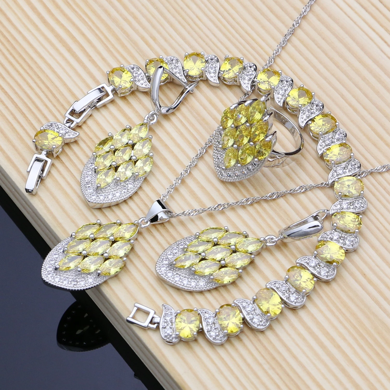 Gem Beads 925 Silver Jewelry Sets Yellow Zircon Birthstone for Bride Women Earring Rings Bracelet Fashion Decoration Jewelry