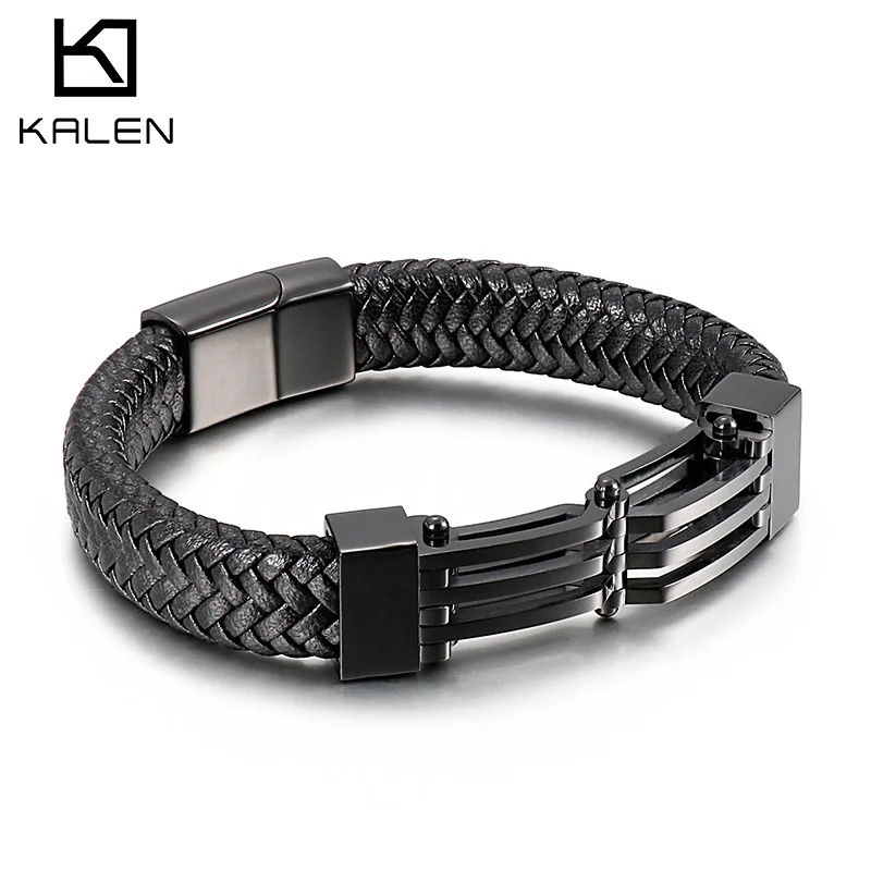 Kalen Strong Leather Men's Bracelet Stainless Steel Regular Geometric Pattern Bracelet Jewelry