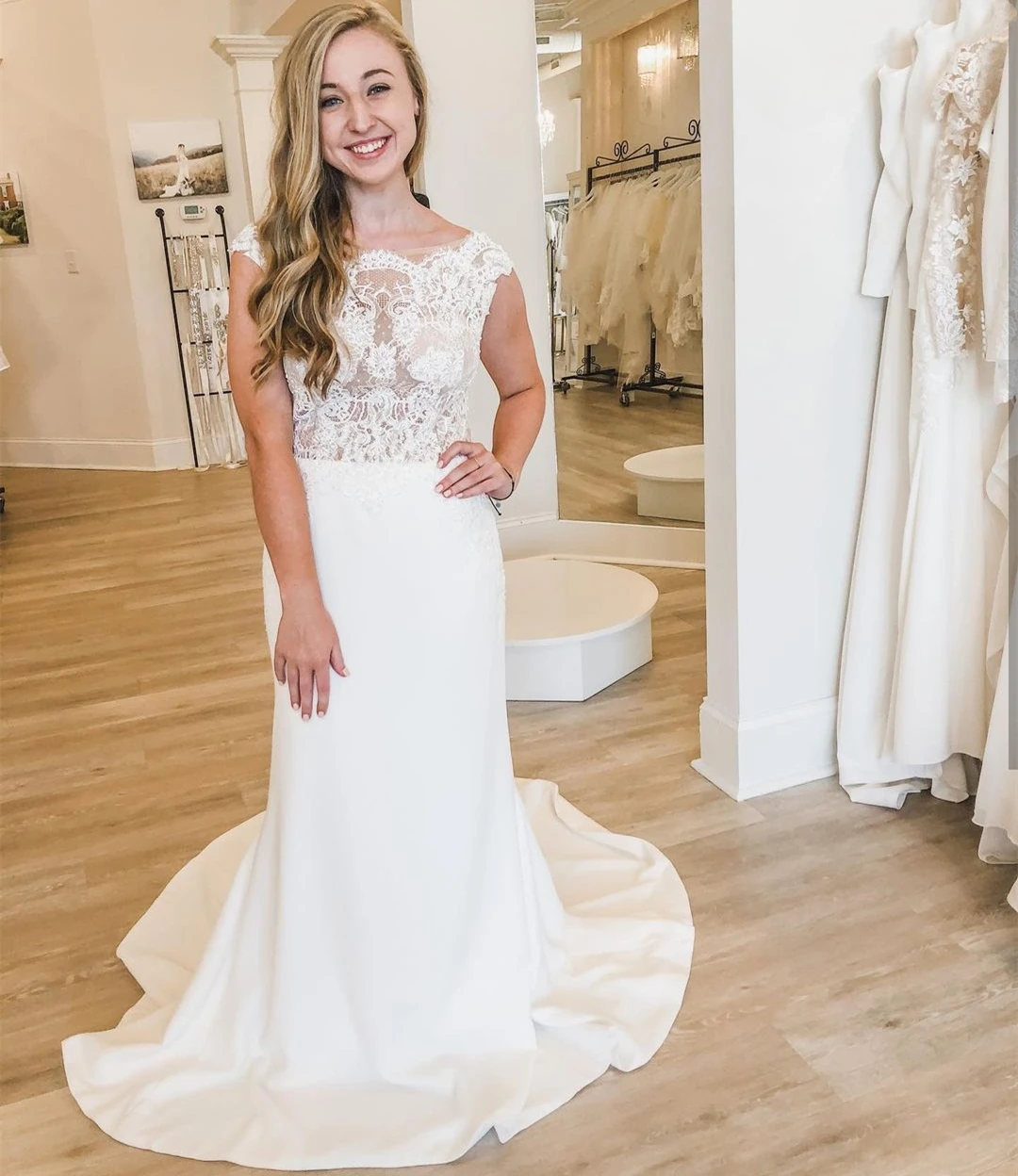 Elegante vestido De novia De satén con cuello redondo, manga casquillo, Apliques De encaje, botón De lentejuelas, tren De barrido, vestido De novia Civil, 2024