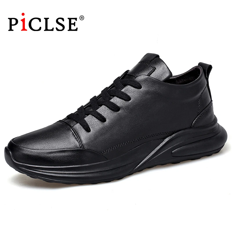 PICLSE Luxury Brand Genuine Leather Men Casual Shoes With Fur Fashion Leather Shoes Men Loafers Comfortable Moccasins Men Shoes