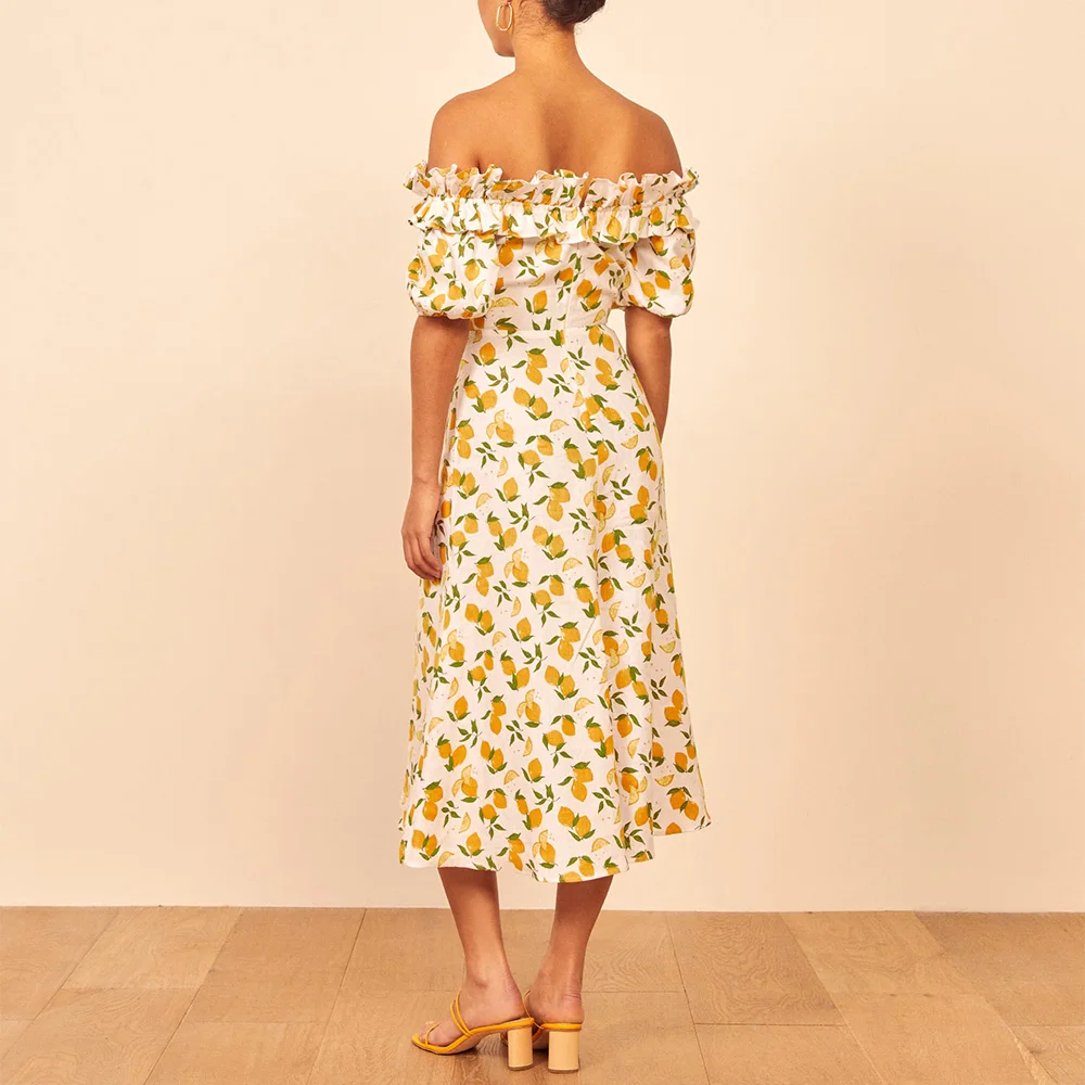 Summer Dresses For Women Vintage Lemon Print Elegant Midi Dress Side Slit Puff Sleeve Ruffle Sexy Off Shoulder Dress Sundress