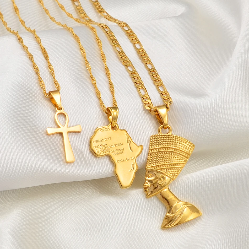 Anniyo 3pcs Necklaces Together Ankh Nefertiti Africa Map Pendant Gold/Silver Color Birthday Party Ethnic Jewelry Women #244606