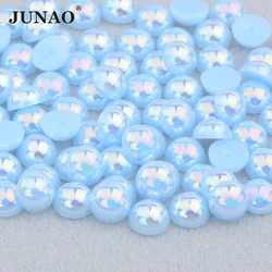 JUNAO 4 6 8 10 12mm Light Sapphire AB Half Round Pearl Nail Art Rhinestones Glue on Imitation Flatback Beads For Clothing Shoes