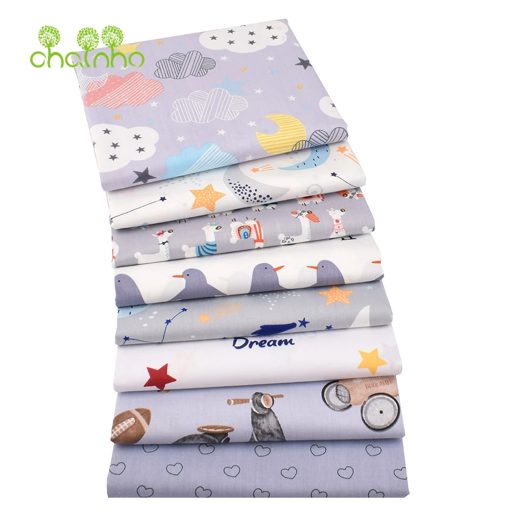 Serie di cartoni animati grigi, tessuto di cotone Twill stampato, per trapuntatura cucito fai-da-te materiale per vestiti per bambini e bambini,