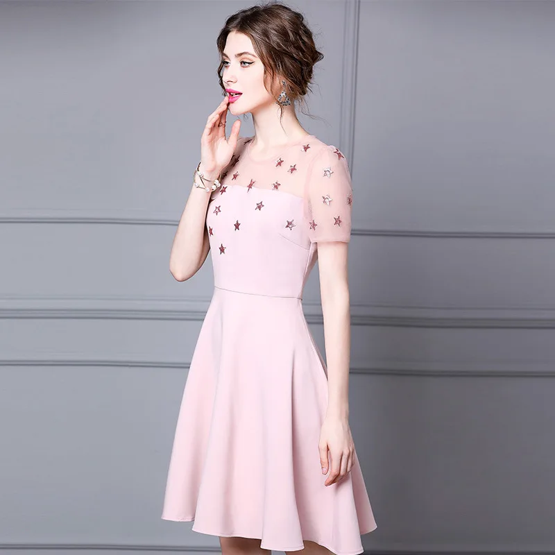 2023 new summer star sequined yarn sleeve waist gentle thin a-line skirt french-style minority dress