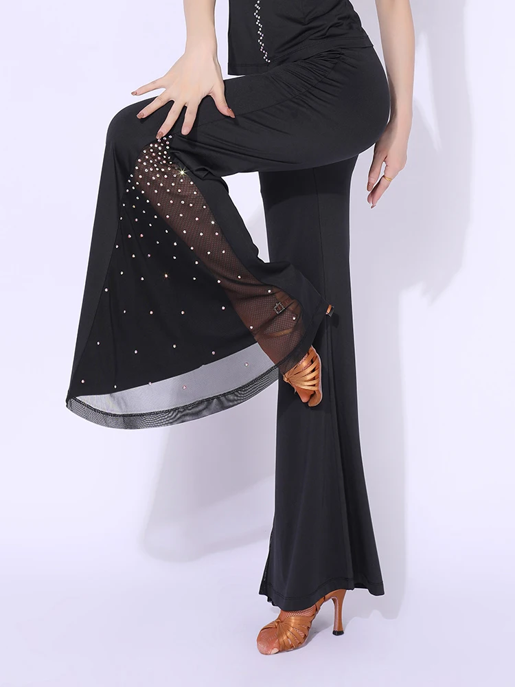 

Latin Dance Pants Practice Wear Rhinestone Mesh Stitching Ballroom Dancing Trousers Performance Costume Training Dancewear YS168