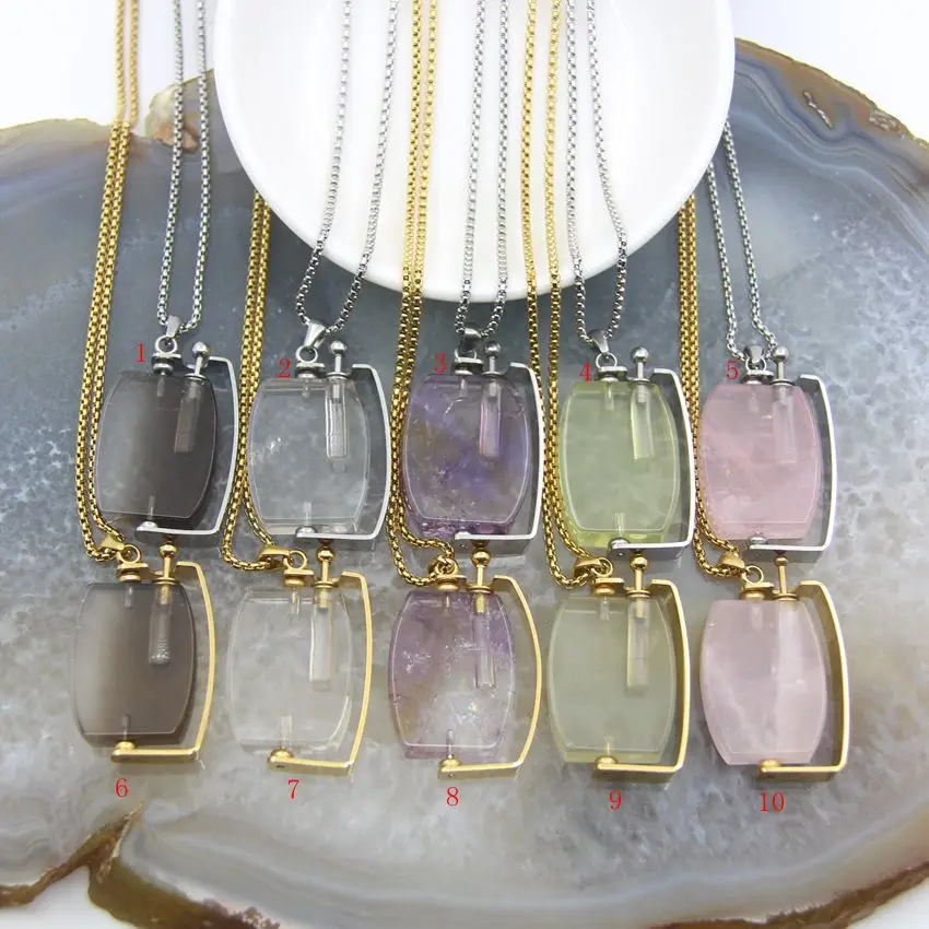 Polished Rectangle Rose/Smoky/Lemon/White Quartz Perfume Bottle Pendant Necklace,Natural Amethysts Essential Oil Diffuser Vial