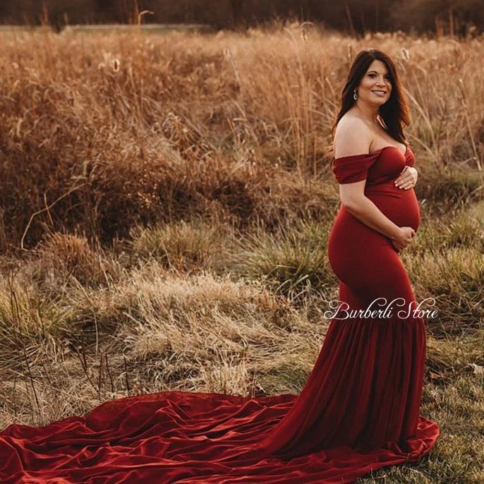 

Elegant Burgundy Off The Shoulder Mermaid Maternity Women Dresses With Long Train Sexy Backless Ruffles Dress To Photography