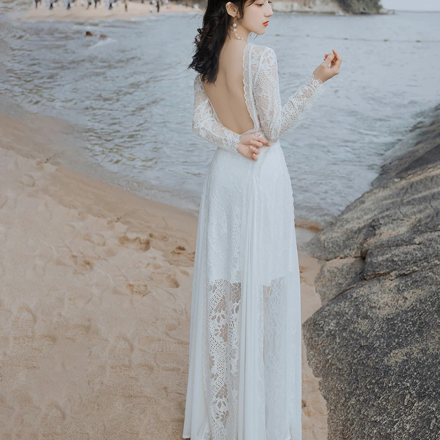 Vestido de boda de manga larga con cuello de barco, gasa, espalda abierta, encaje transparente, línea A, bohemio, hecho A medida, traje nupcial de playa 2021