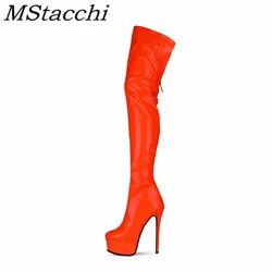 Stivali lunghi con plateau donna in pelle verniciata tinta unita Botas Femininas scarpe con tacco alto punta tonda stivali sopra il ginocchio da donna 2024