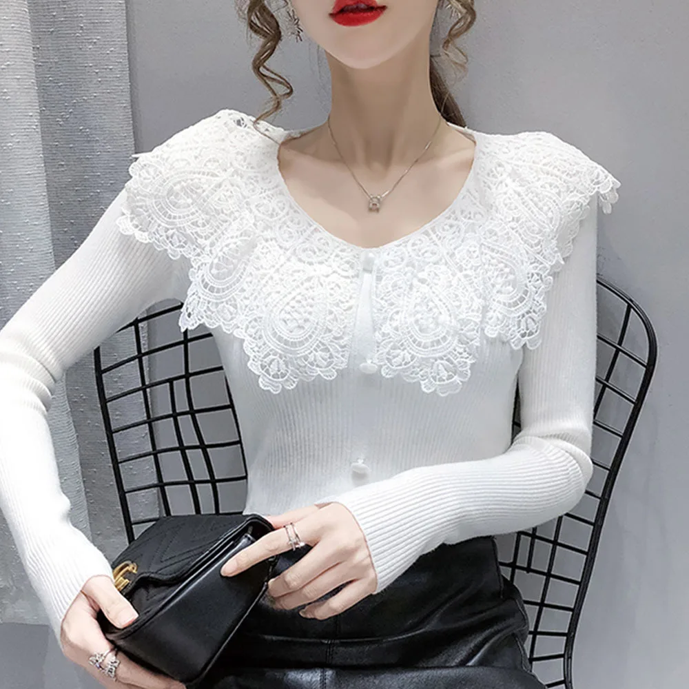 Sweet Autumn Spring Style Women Knitted Pullover Tops Lady Casual Long Sleeve Peter Pan Collar Sweater Pullover